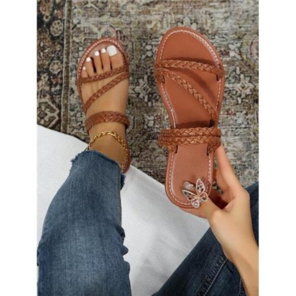 Variété Boutique Shoes - Women Braided Detail Flat Sandals, Vacation Brown Slide Sandals